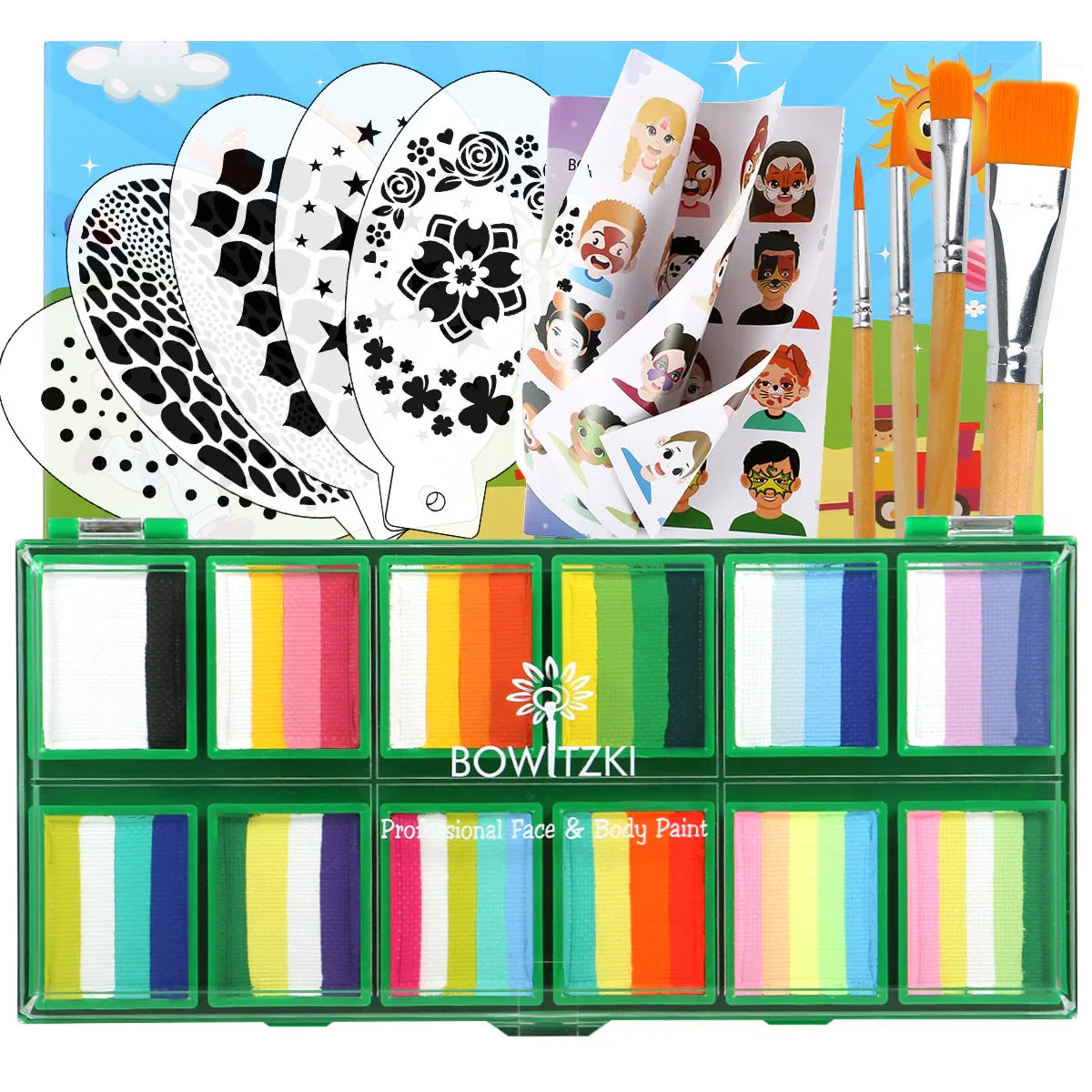 Bowitzki Face Paint 12x10gm Professional Body Paint Kit For Kids Adults Stencil One Stroke Split Cake Rainbow Makeup - AMULET RING STORE