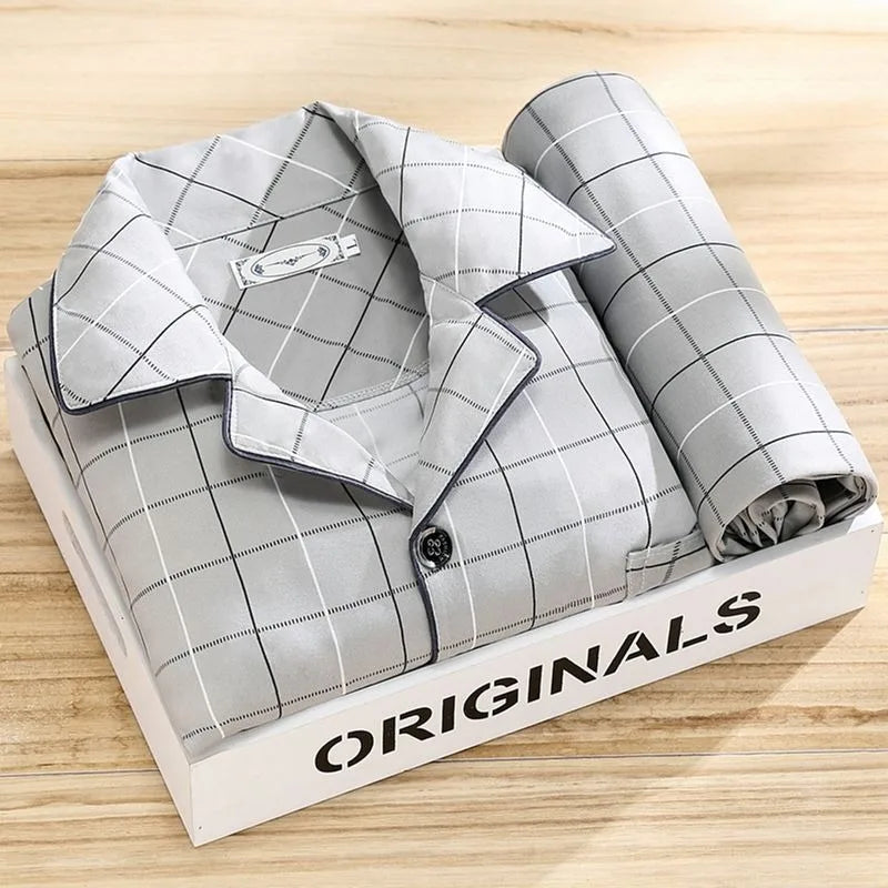 Casual Pure Cotton Men's Spwear Long Sve Long Pants Two-Piece Set Plaid Striped Simple Wearable Home Clothes