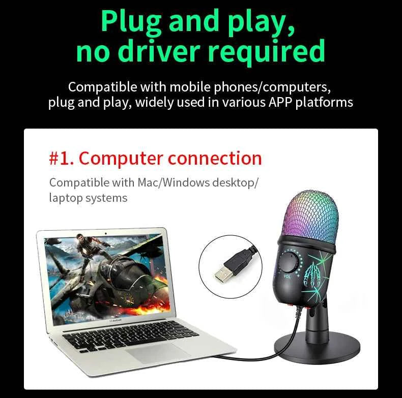 Gaming Microphone USB Microphone for PC Condenser Podcast Mic for Studio Recording with Headphone Jack, Led, Noise Cancellation