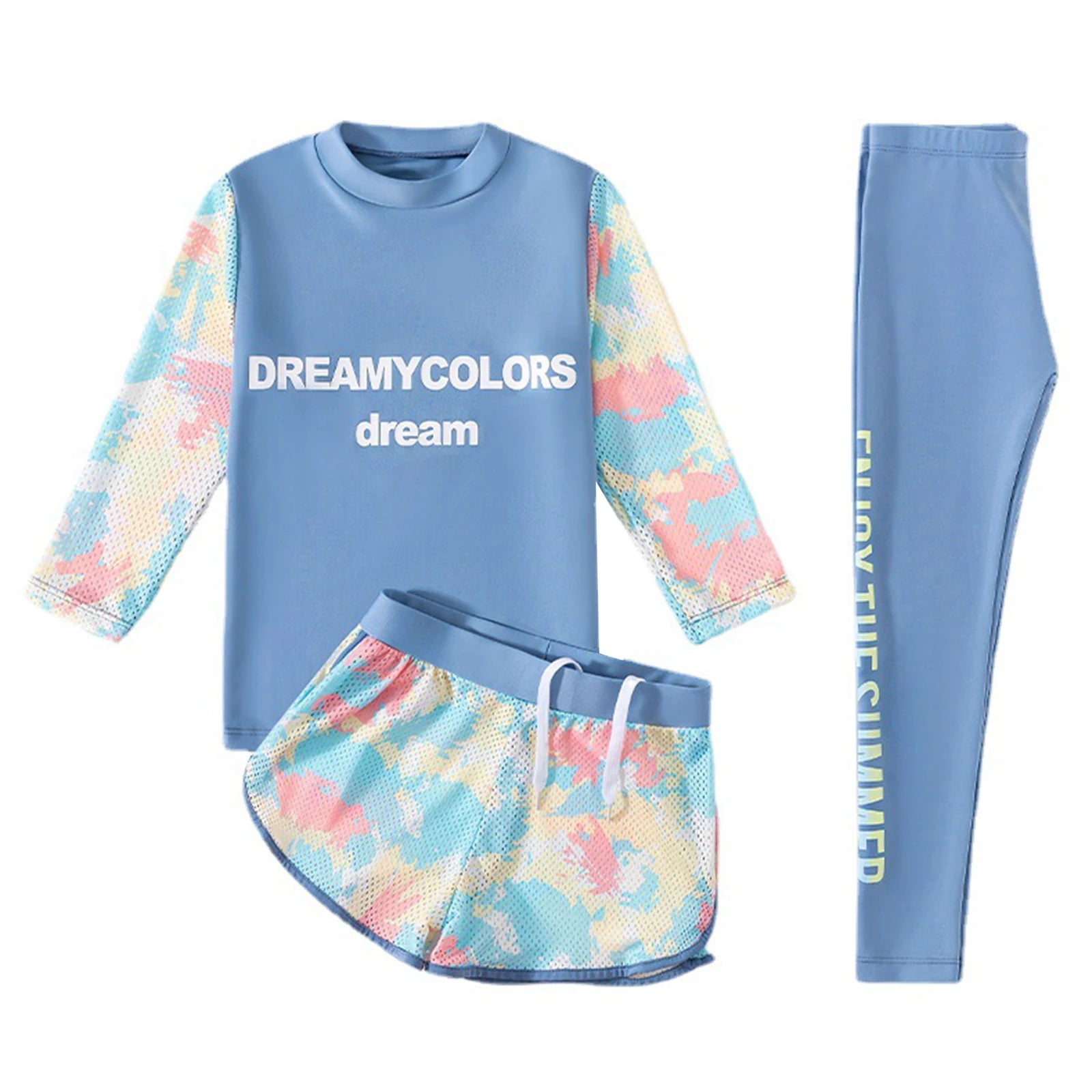 3Pcs Kids Girls Colorful Print Swimsuit Swimwear Long Sleeve Top+Shorts with Pants Set Sun Protection Rash Guard Swimming Outfit - AMULET RING STORE