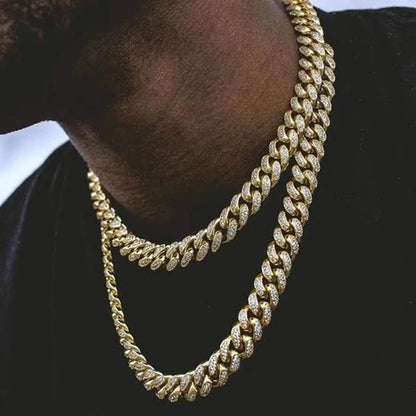 Iced Out Bling AAA Rhinestones Prong Cuban Link Chain Men's Necklace 2 Row Crystal Curb Cuban Chain Hip Hop Jewelry 13/14/20MM - AMULET RING STORE