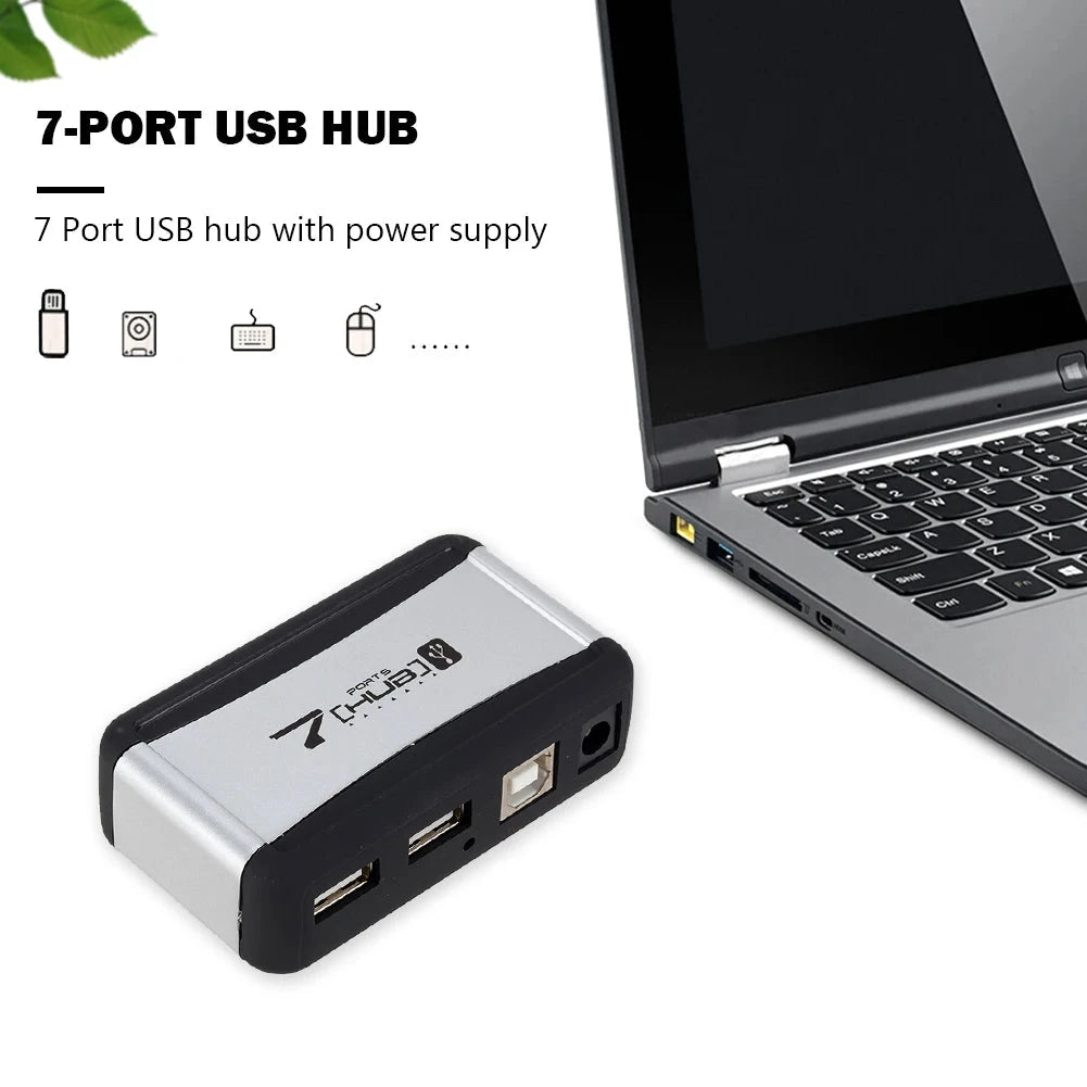 Vertical 7-Port USB 2.0 Hub Multi USB Splitter with Power Adapter PC Accessories