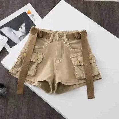 Women's Summer High Waisted Stretchy Denim Shorts Korean Cargo Style Slim Fit Ultra Short Hot Pants with Large Pockets for Dance