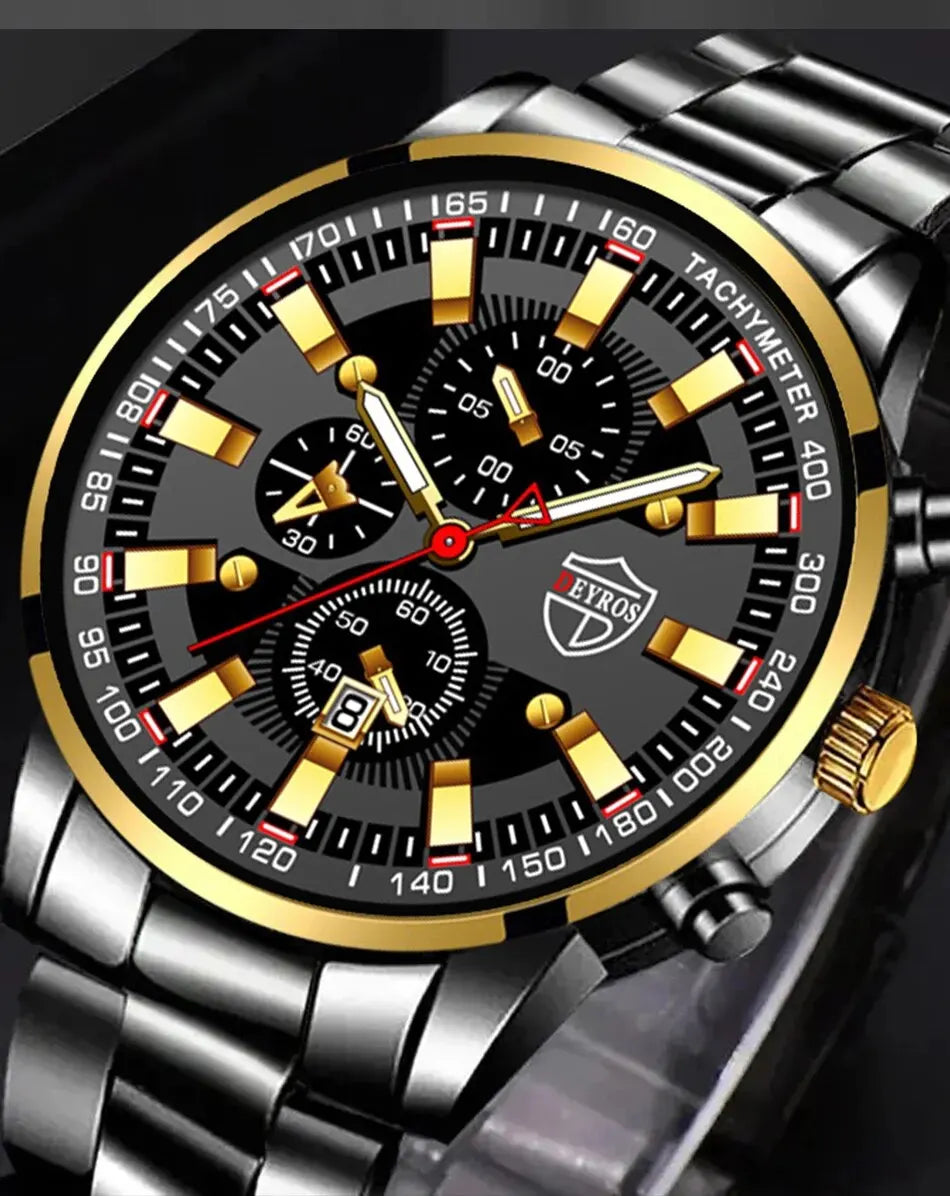 Luxury Men's Casual Fashion Business Gold Needle Digital Steel Band Quartz Watch Calendar Designed For Successful Men Classic - AMULET RING STORE