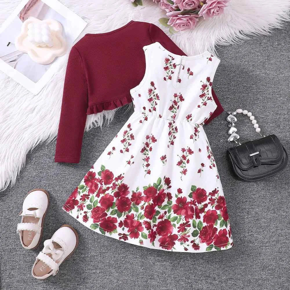 2 Pcs Kids Casual Dress Sets For Girls Clothes Autumn Winter 2024 New Child Long Sleeve Cardigan Coat Floral Print Tank Dress