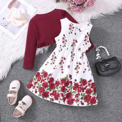 2 Pcs Kids Casual Dress Sets For Girls Clothes Autumn Winter 2024 New Child Long Sleeve Cardigan Coat Floral Print Tank Dress