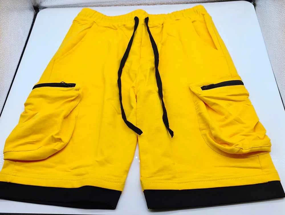 Mens Summer Cargo Shorts Cotton Workout Fitness Shorts Breathable Jogger Training Gyms Bodybuilding Multi Pocket Yellow Shorts