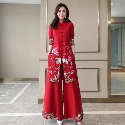 Chinese Styles Vintage Women Hanfu Midi Qipao Two Pieces China Traditional Clothing Pants Set Tang Suit Robe Orientale Clothes