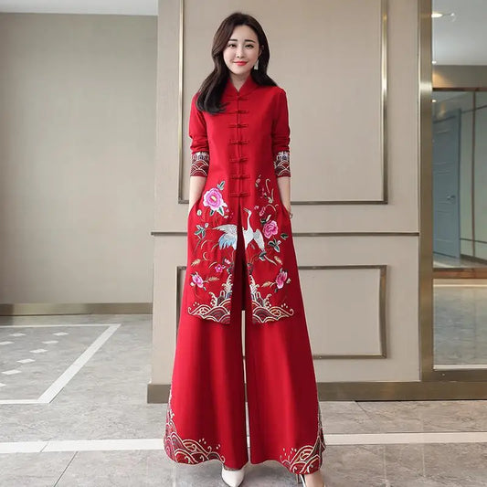 Chinese Styles Vintage Women Hanfu Midi Qipao Two Pieces China Traditional Clothing Pants Set Tang Suit Robe Orientale Clothes