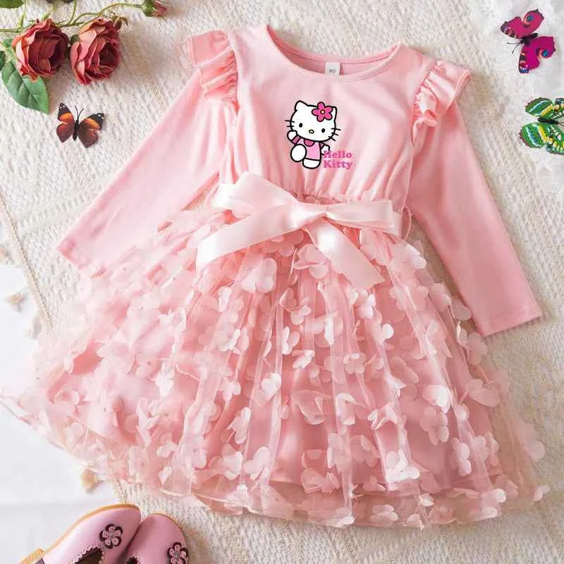 Hello Kitty Autumn Dress for Kid's Casual Clothes 3D Butterfly Cute Long Sleeve Baby Girls Princess Dress Party Dresses 2-6 Yrs