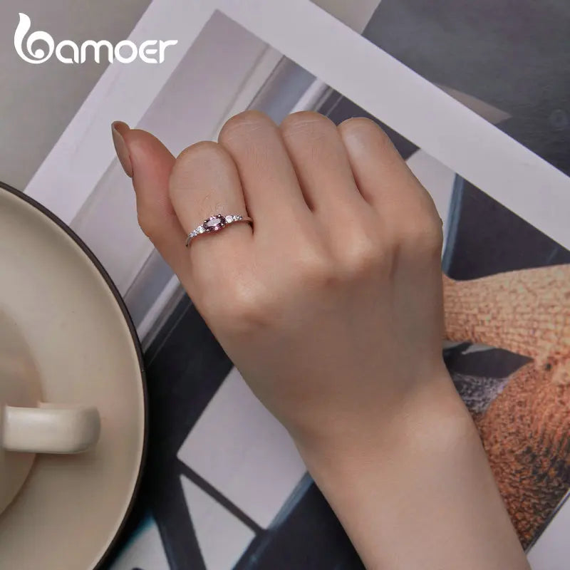 BAMOER 925 Sterling Silver Oval Gemstone Ring for Women Green Pink Zirconium Prongs Setting Ring Wedding Bridal Jewelry Gift