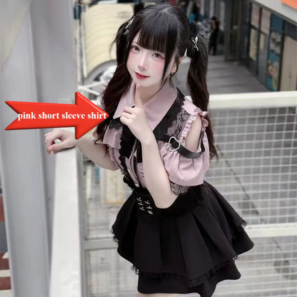 Sweet Gothic Lolita Two Piece Set, Off Shoulder Blouse + High Waist Skirt, Kawaii Tri-color Lace Coord Outfit for Women & Teens
