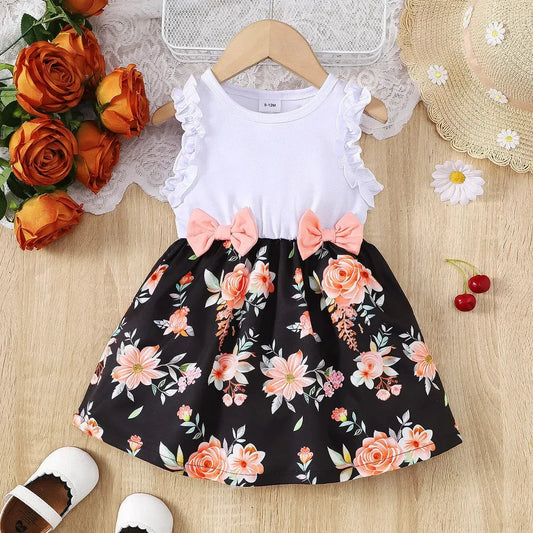 Baby Girl Summer Clothes Floral Print Sleeveless Dresses Pastoral Style Wedding Party Dress with Bow for Toddler Girl 0-3 Years - AMULET RING STORE
