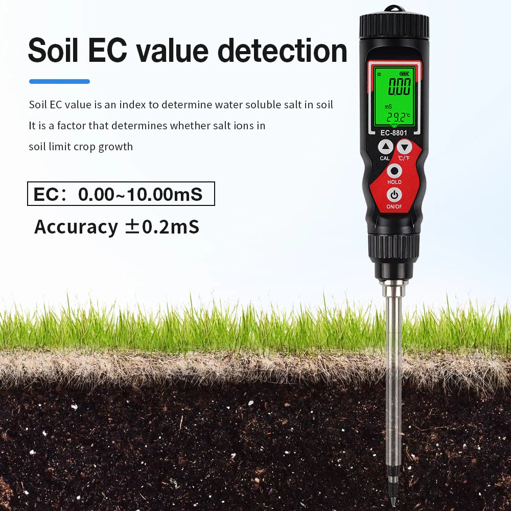2 In 1 Soil EC Meter Handheld Digital Soil Tester Multifunction EC Temp Detector Backlit Soil EC Analyzer for Garden Greenhouse - AMULET RING STORE