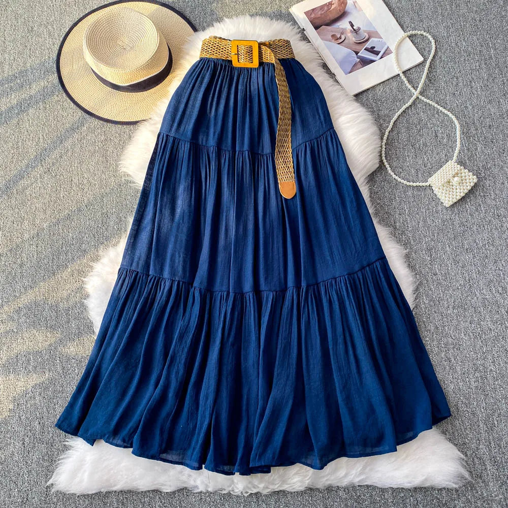 White High Waist A-Line Midi Skirt Women's Summer Casual Flared Cake Skirt Korean Sle Baking Poer Skirt for Young Women