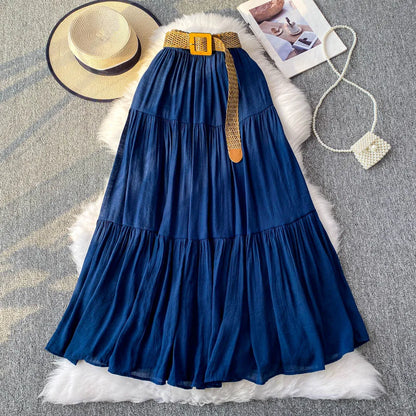 White High Waist A-Line Midi Skirt Women's Summer Casual Flared Cake Skirt Korean Sle Baking Poer Skirt for Young Women