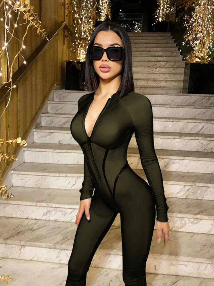 Articat Sexy Zipper Women Jumpsuit Long Sleeve Bandage Tights Solid Jumpsuits Female Party Bodycon Stretch Sporty & Leisure - AMULET RING STORE