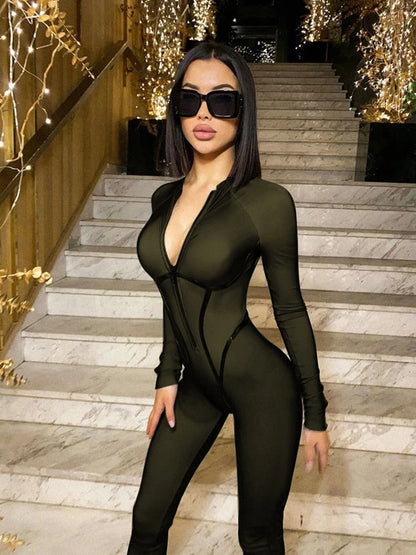 Articat Sexy Zipper Women Jumpsuit Long Sleeve Bandage Tights Solid Jumpsuits Female Party Bodycon Stretch Sporty & Leisure - AMULET RING STORE
