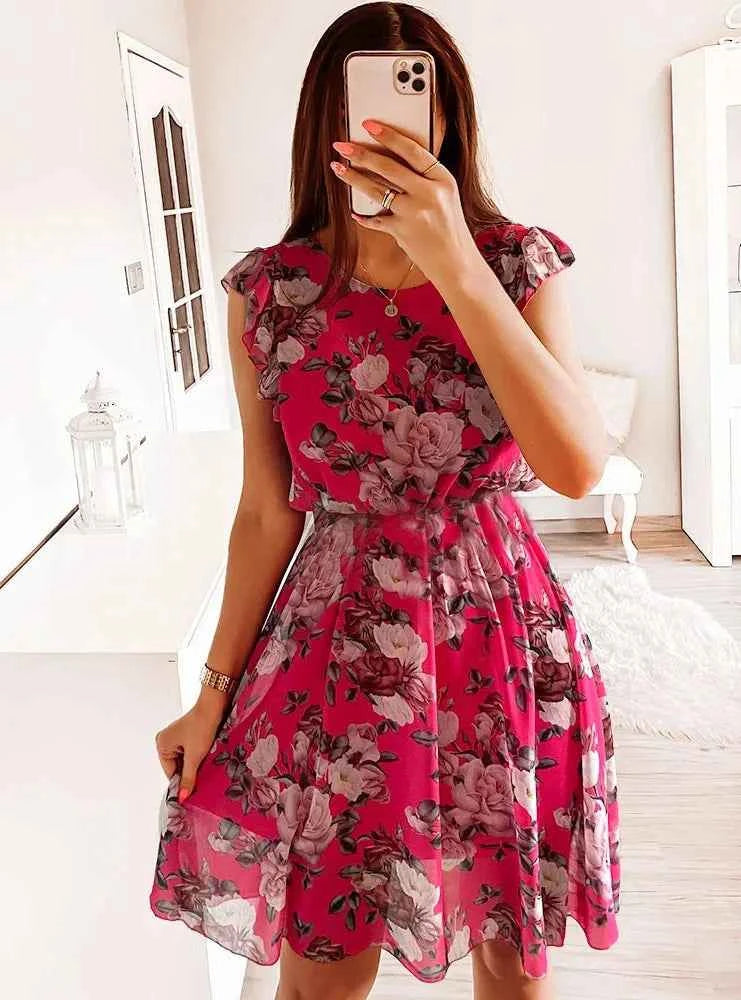 Summer Fashion Floral Printed Long Dress Ladies Sleeveless Elastic Waist Beach Dress 2025 Women V-Neck Pleated Chiffon Cover-Ups