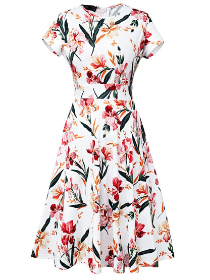 Nice-forever Vintage Elegant Floral Print Pleated Round neck vestidos A-Line Pinup Business Party Women Flare Swing Dress A102