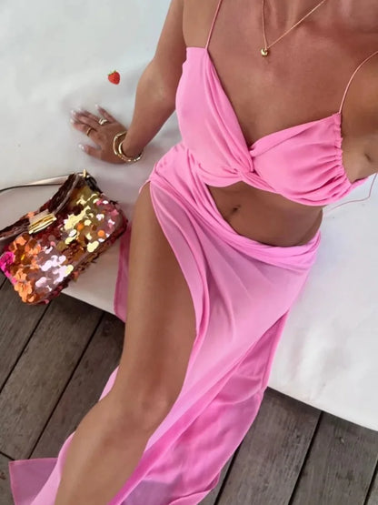 Vacation Hollow Out Mesh Long Sling Dress For Women Y2k Irregular Sleeveless Side Split Beach Suspender Dress Lady Evening Robe - AMULET RING STORE