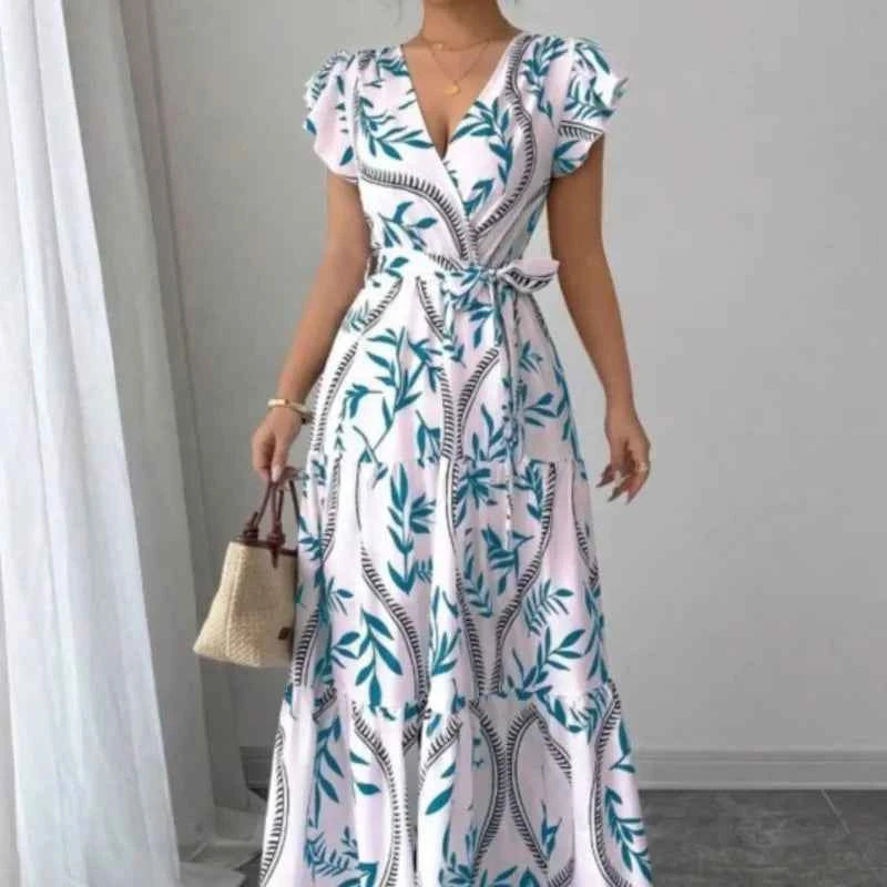 New Summer Women's Printed Lace-up Dress,Short Sleeved Dresses,White Dresses,Elegant Dresses For Ladies,Woman's 2025 Clothing