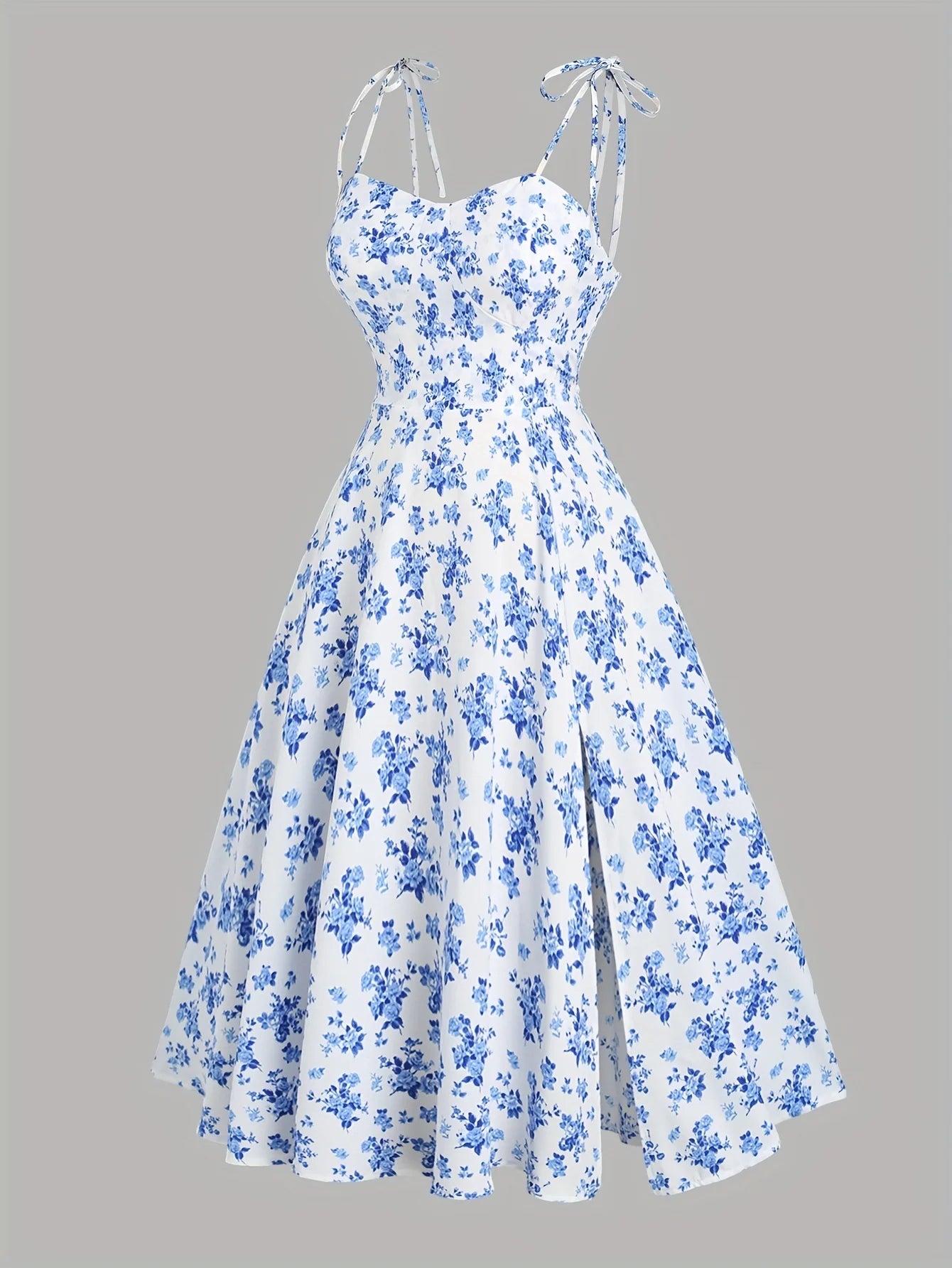 2024 European and American fashion plus size women's new flower print A-line skirt bow tie slit dress