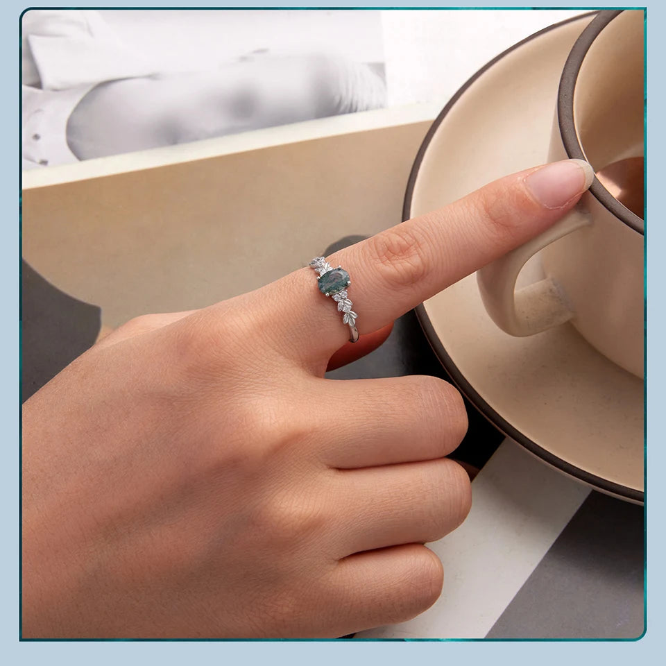WOSTU Natural Moss Agate Ring For Women  925 Sterling Silver Oval Cut Sea Grass Agate Flower Rings Wedding Party Jewelry Gift