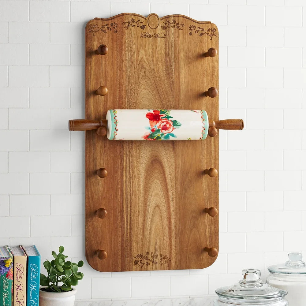 Ceramic Rolling Pin Set with Holder Acacia Wood Handles Floral Design Kitchen Baking Accessories Rustic Style Dough Roller - AMULET RING STORE