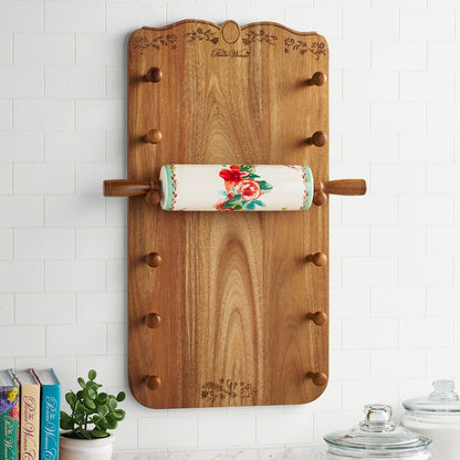 Ceramic Rolling Pin Set with Holder Acacia Wood Handles Floral Design Kitchen Baking Accessories Rustic Style Dough Roller - AMULET RING STORE