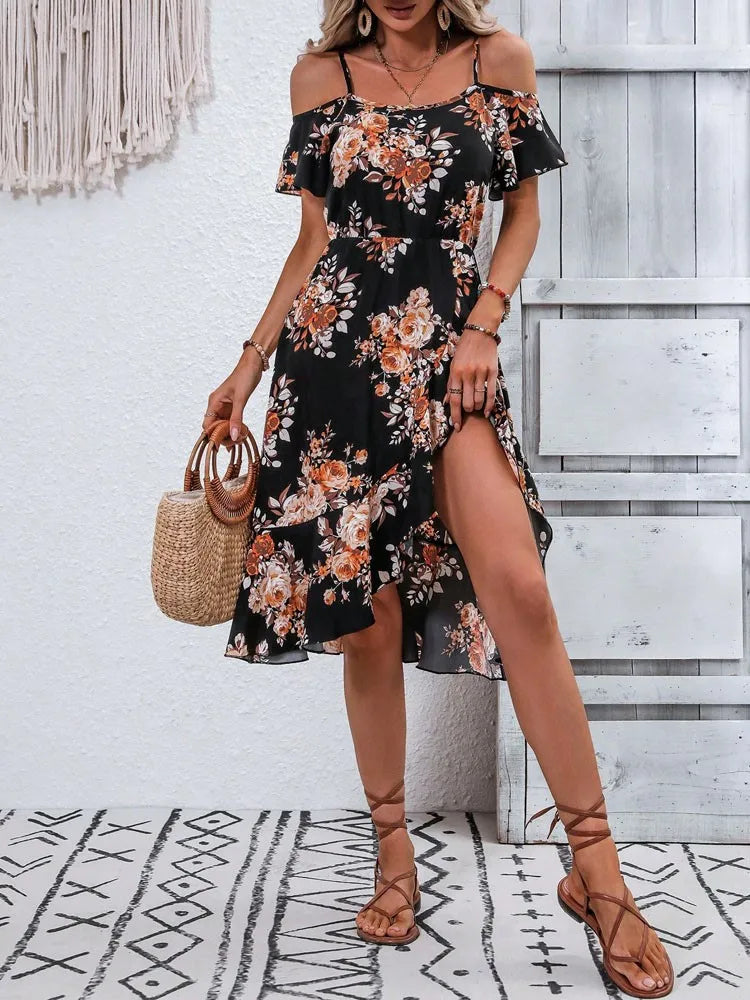 Summer women's printed off shoulder slit camisole irregular skirt shape women's elegant dress with temperament - AMULET RING STORE
