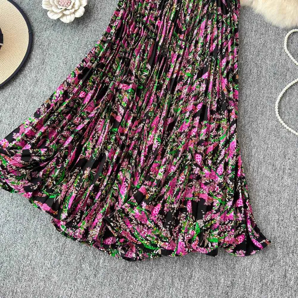 Chiffon A-Line Midi Skirt Women's Autumn 2025 New Sle Cover Hip Draped Large Swing Umbrella Skirt Pleated Floral Skirt