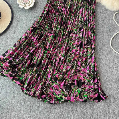 Chiffon A-Line Midi Skirt Women's Autumn 2025 New Sle Cover Hip Draped Large Swing Umbrella Skirt Pleated Floral Skirt