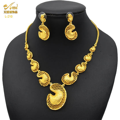 ANIID Africa Luxury Charm Necklace Sets With Tassel for Lady Indian Bridal Nigeria 24k Gold Plated Jewelry Set Party Gifts