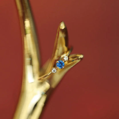 925 Sterling Silver Plated 14K Gold Blue Zircon Ring for Women  Japanese Light Luxury Party Jewelry Accessories