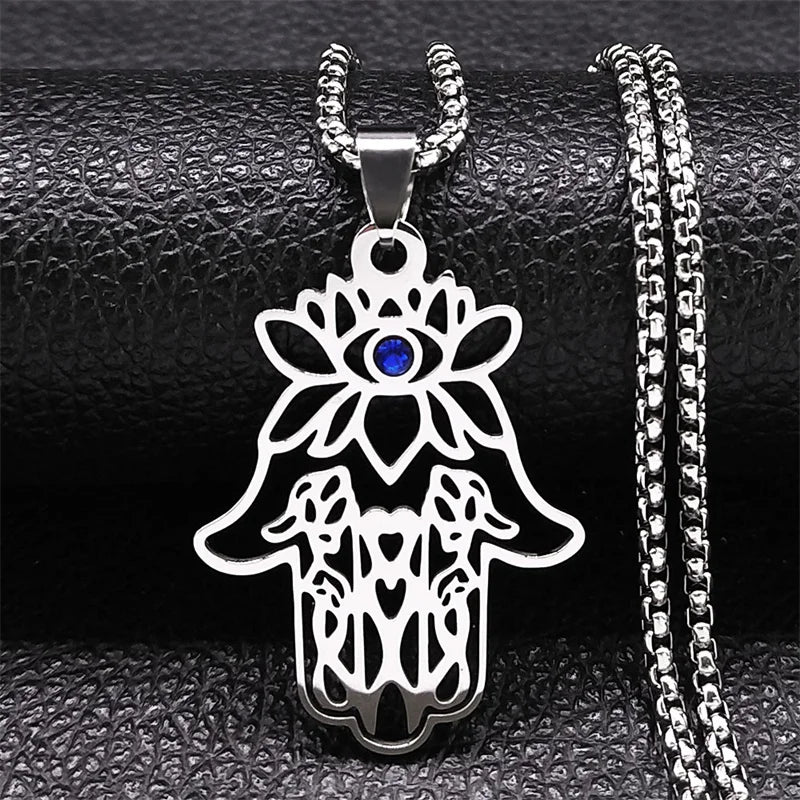 Hamsa Fatima's Hand Turkish Eye Lotus Stainless Steel Necklace