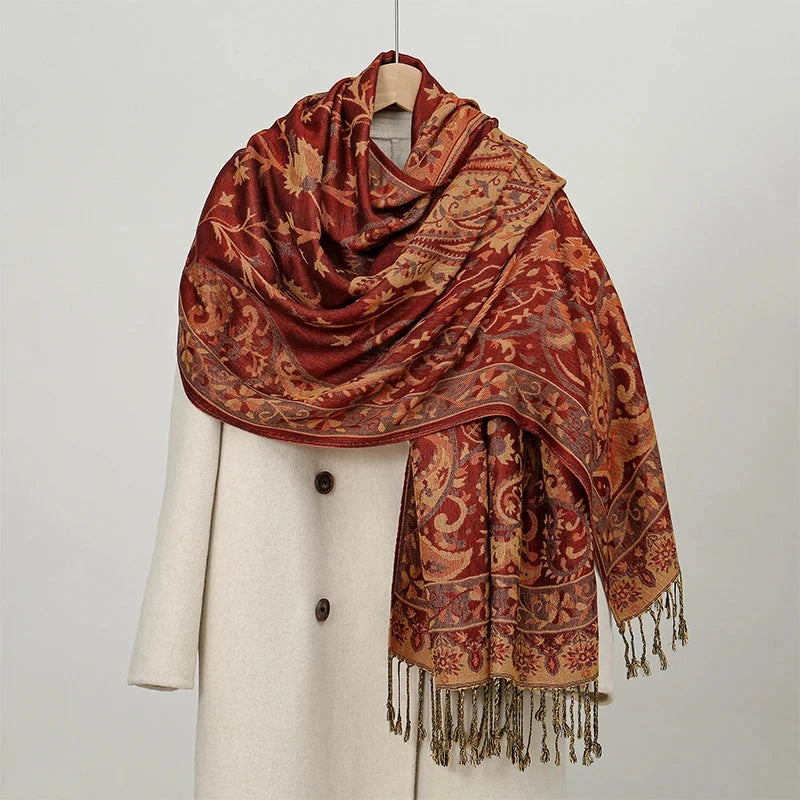 Luxury Pashimina Embroidery Muslim Hijab for Women Winter scarf Pareo Cape Warm Chunky Heaqdscarf Blue Lady Elegant Poncho - AMULET RING STORE