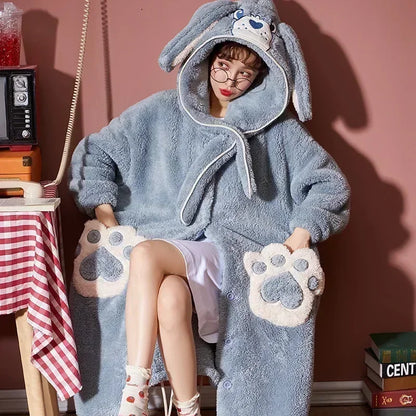 2024 Winter Pajamas For Women Cartoon Hooded Long Robe Strawberry Jacket Cute Home Wear Sleepwear Kawaii Flannel Warm Bathrobe - AMULET RING STORE