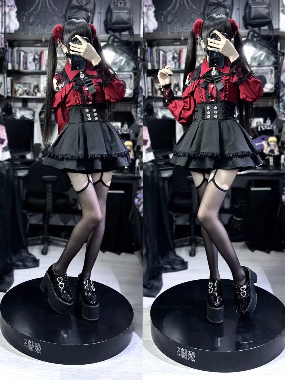 Sweet Gothic Lolita Two Piece Set, Off Shoulder Blouse + High Waist Skirt, Kawaii Tri-color Lace Coord Outfit for Women & Teens