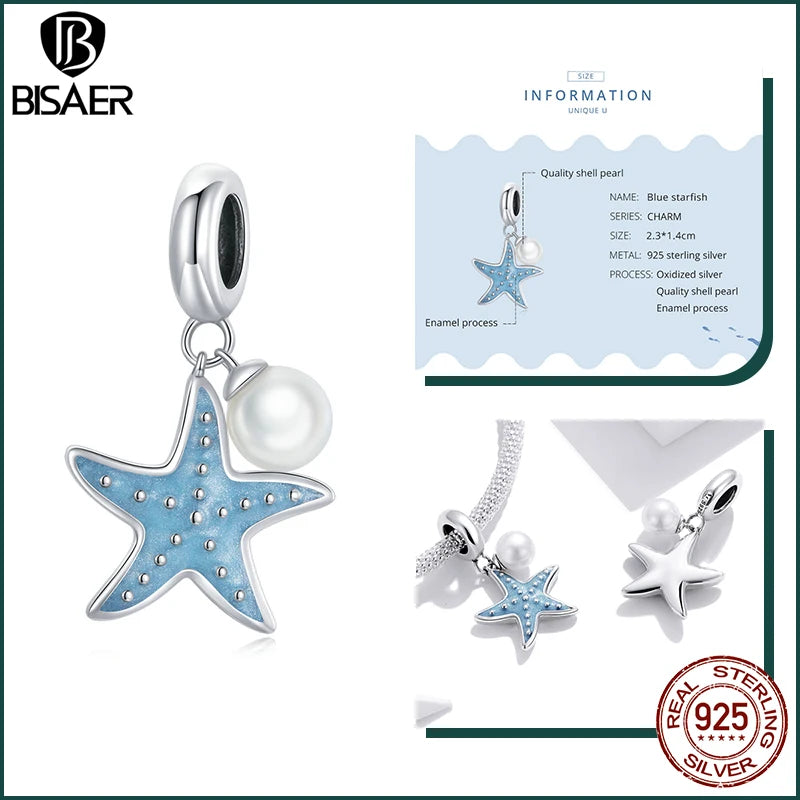 BISAER 925 Sterling Silver Charm Ocean Style Fish Dolphin Mermaid Shell Blue CZ Bead For Necklace&Bracelet DIY Fine Jewelry Gift - AMULET RING STORE