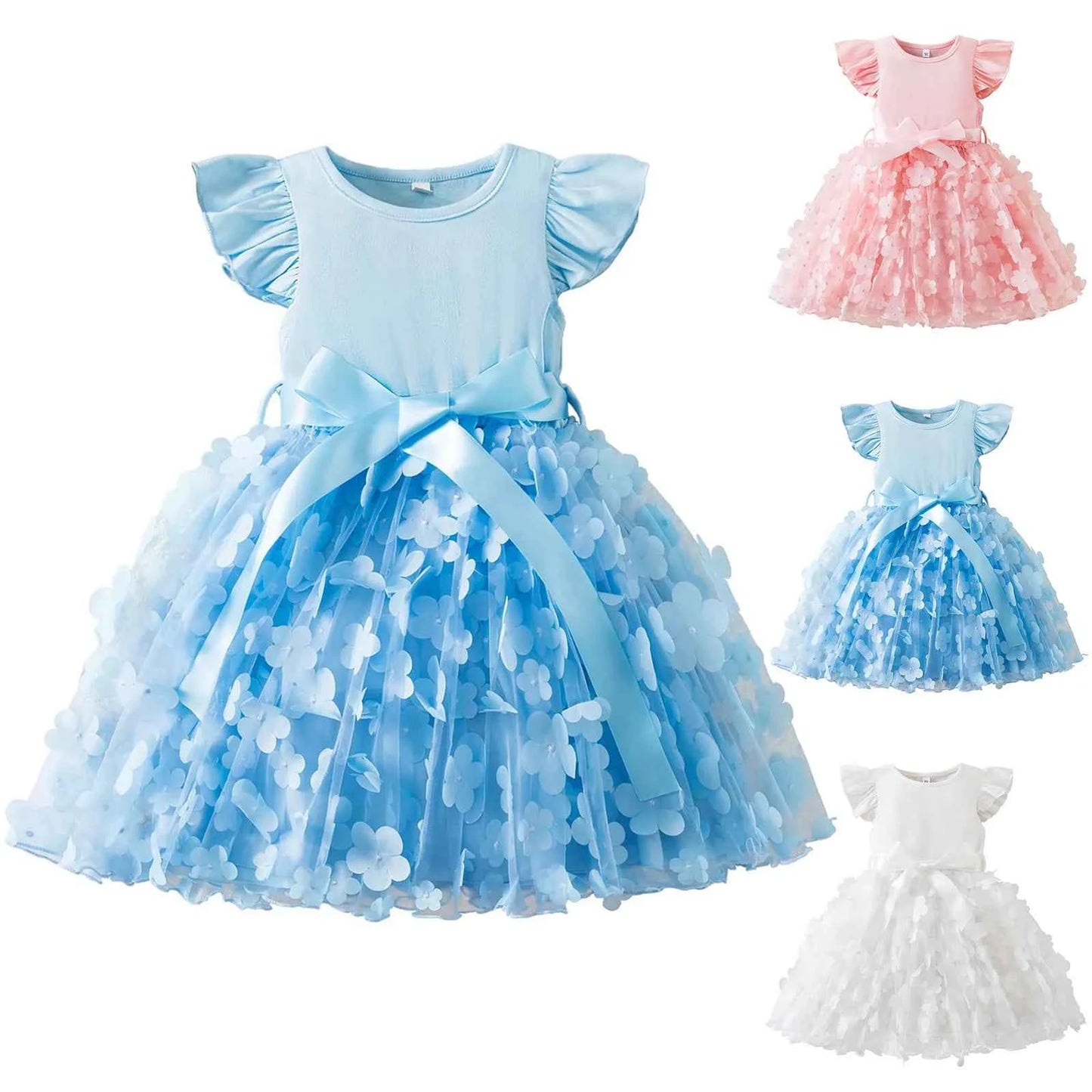 Toddler Baby Girls Clothes Elegant Floral Print Tulle Dress Summer Kids Princess Party Birthday Dress Butterfly Solid Mesh Dress
