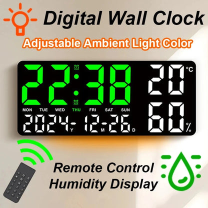Digital Wall Clock with Atmosphere Lights Remote Control TEMP Humidity Display LED Large Table Clock Multifunctional Alarm Clock