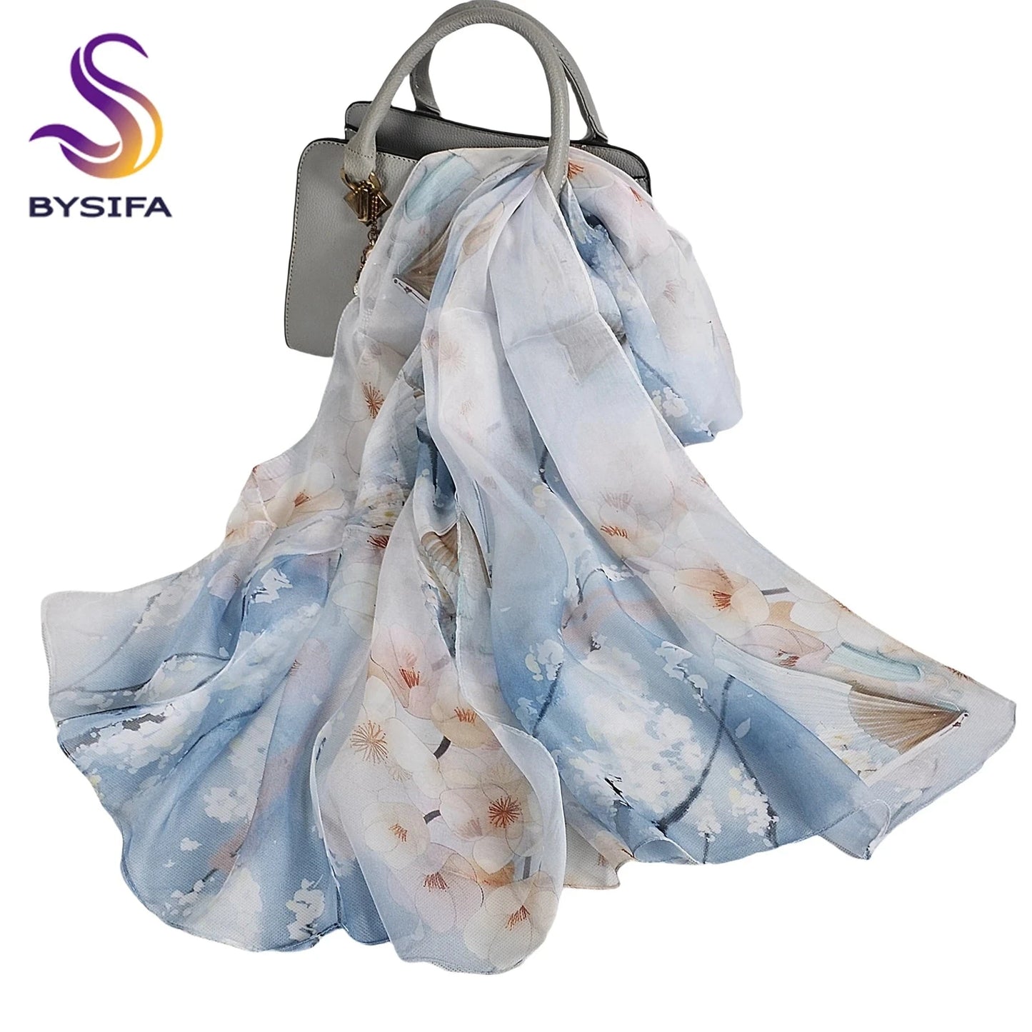[BYSIFA] Women Chiffon Pure Silk Scarf Cherry Blossom Floral Design Long 100% Silk Shawl Scarf Purple Pink Silk Scarves Echarpes