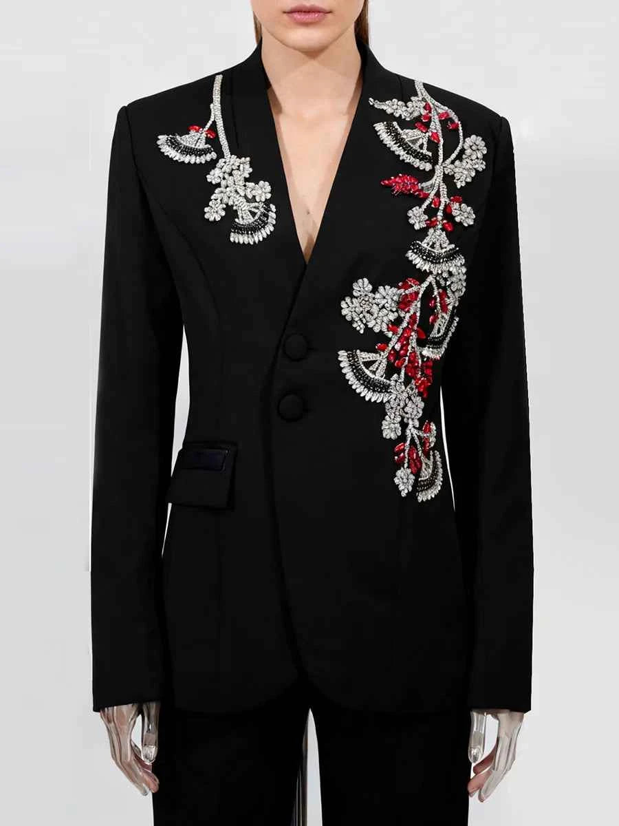 TWOTWINSTYLE Solid Spliced Bead Flower Temperament Blazers for Women V Neck Long Sleeves Patchwork Single Breasted Blazer Female