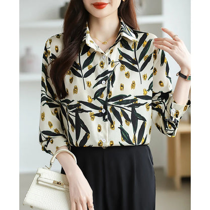 2025 Spring Autumn New Office Lady Blouse Fashion Floral Printed Shirt Turndown Collar Med-Length Long Sleeve Women Tops