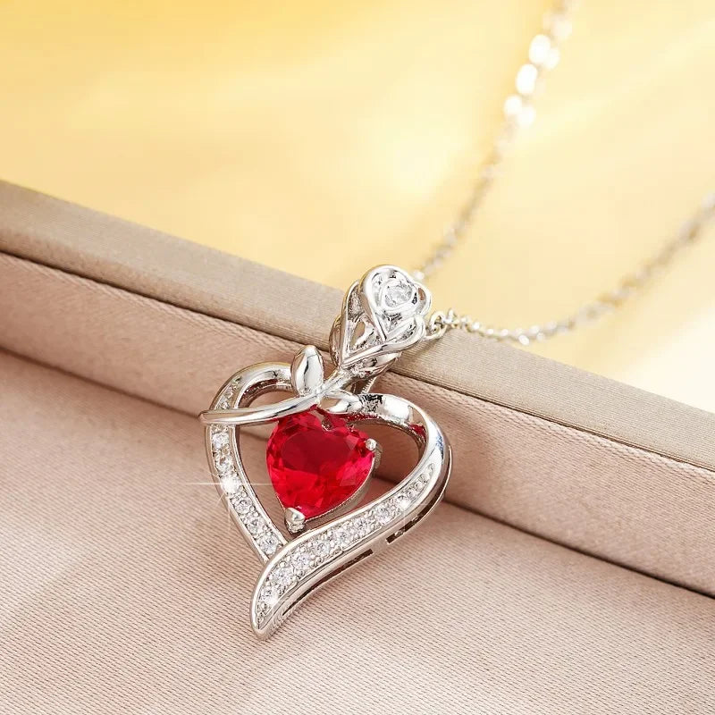 CAOSHI Gorgeous Rose Pendant Necklace for Women Shining Red Heart Zirconia Accessory Fashionable Ｂirthday Ｗedding Jewelry Gifts - AMULET RING STORE