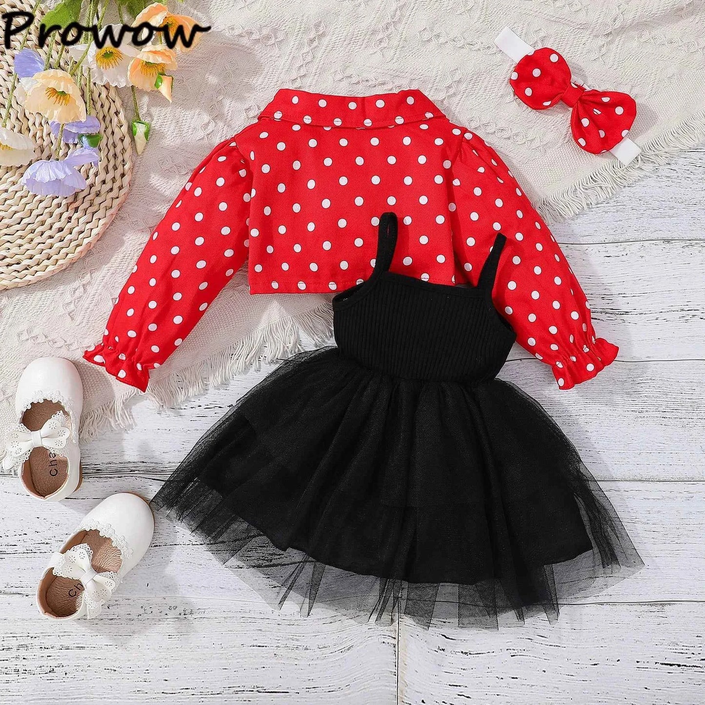 Prowow Infants Baby Birthday Dresses Red Polka Dots Coat Jacket+Bow Black Princess Dress Newborns Girl Cake Smash Outfits