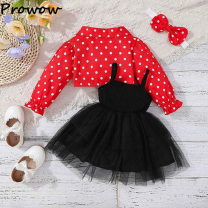 Prowow Infants Baby Birthday Dresses Red Polka Dots Coat Jacket+Bow Black Princess Dress Newborns Girl Cake Smash Outfits