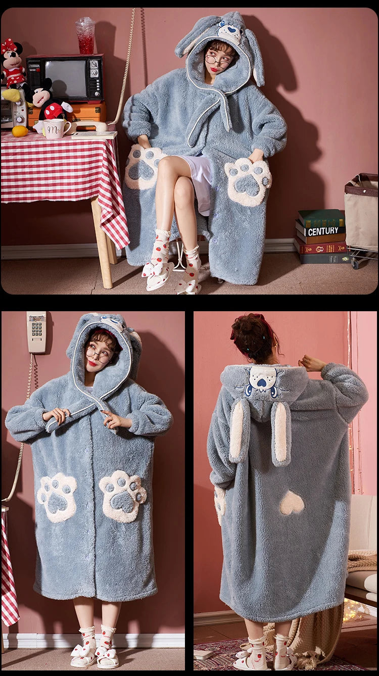 2024 Winter Pajamas For Women Cartoon Hooded Long Robe Strawberry Jacket Cute Home Wear Sleepwear Kawaii Flannel Warm Bathrobe - AMULET RING STORE