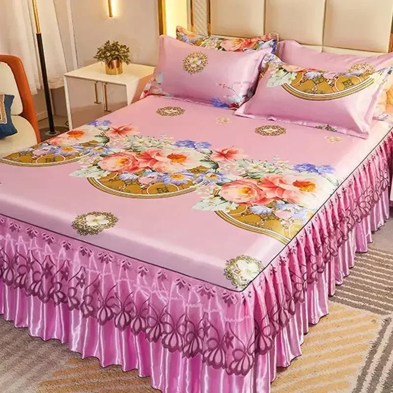 3Pcs/Lot Double Bed Sheet Set Classic Lace Royal Blue Bed Sheet Bed Skirt